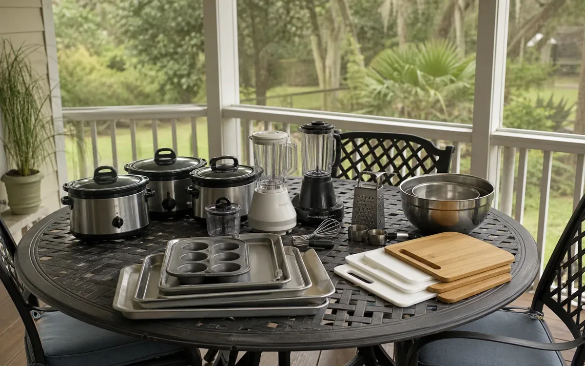 A patio table holds three slow cookers, two blenders, stacked baking pans, cutting boards, a grater, and mixing bowls.