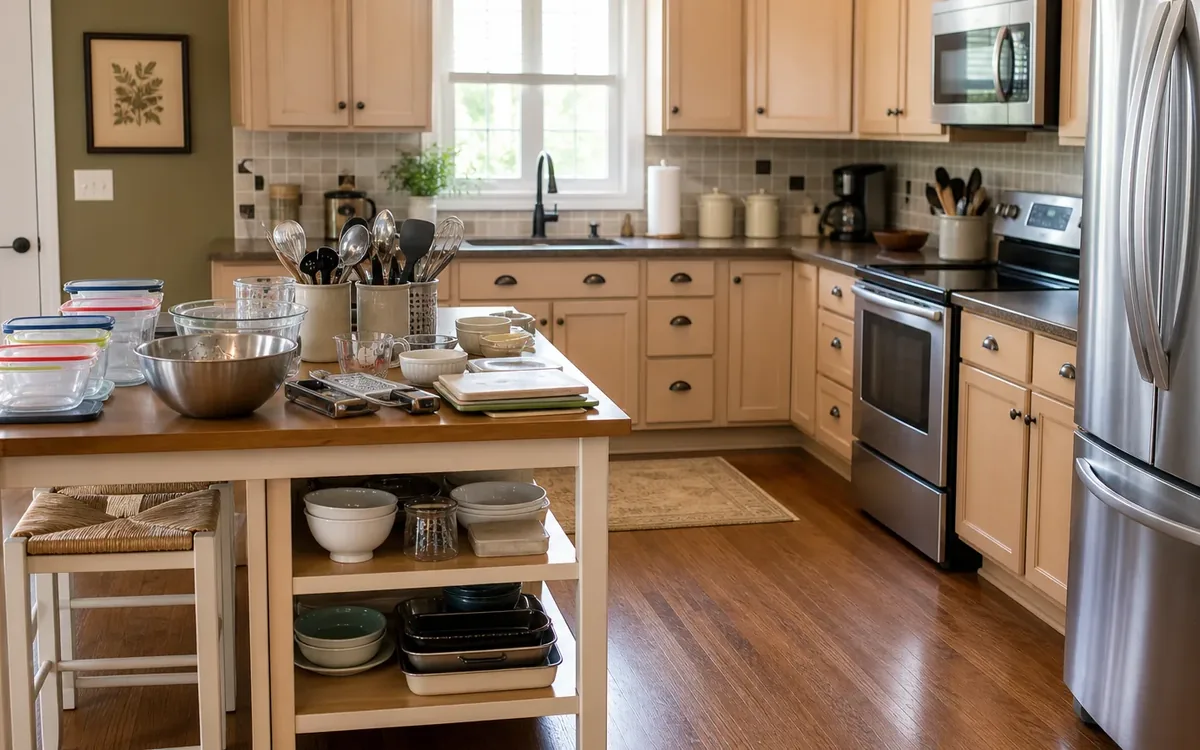 Kitchen island crowded with mixing bowls, food containers, utensils, and stacked dishes, with more bowls on lower shelves.