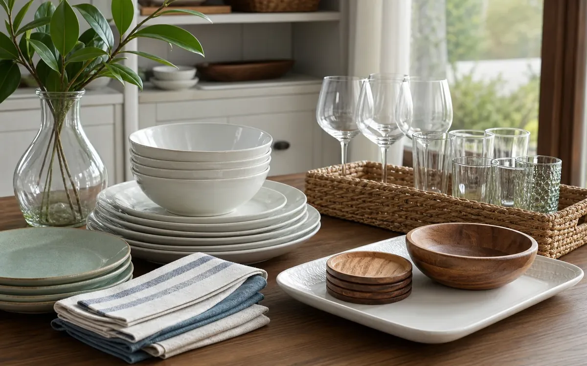 Stacked plates and bowls, folded striped napkins, wooden serving bowls, and glasses in a woven tray sit on a wooden table.