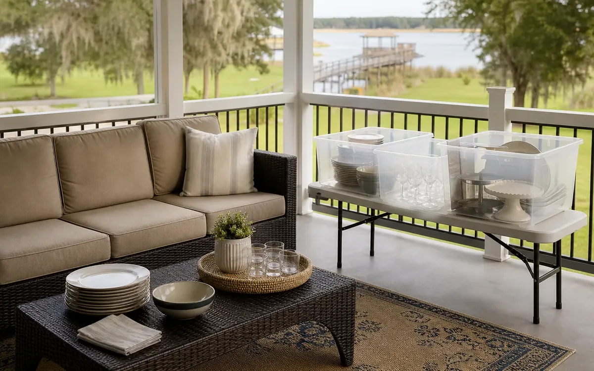 Clear bins hold serving dishes on a folding table beside stacked plates, bowls, napkins, and glasses on a porch coffee table.