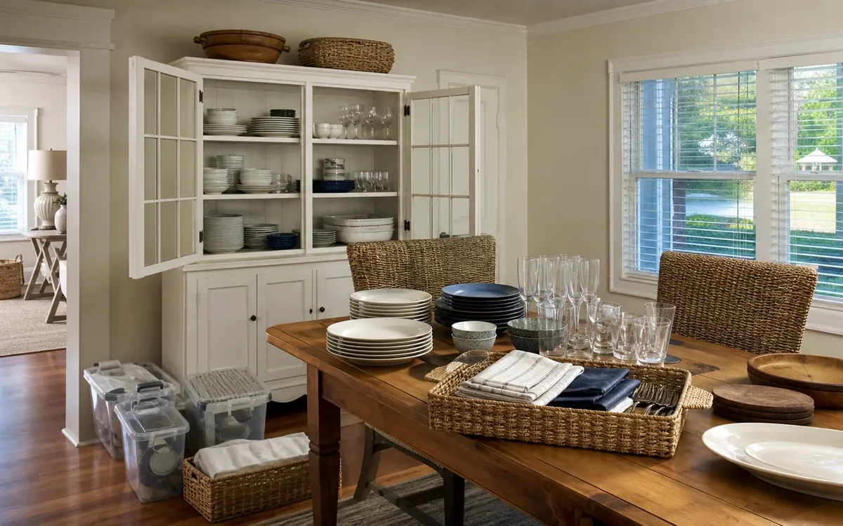 Dining table holds stacked plates, glassware, trays, and a basket of linens beside an open cabinet and storage bins.