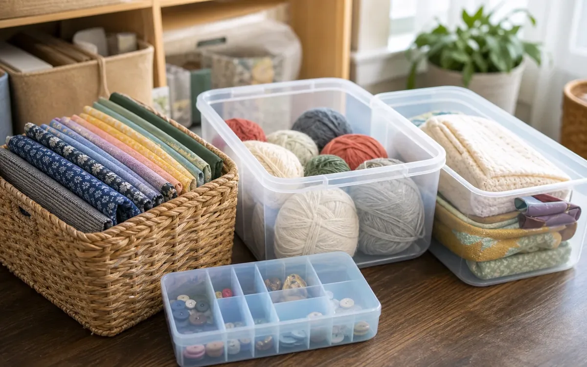 Folded fabric fills a woven basket beside clear bins of yarn and folded textiles, with a small divided notions box on the table.