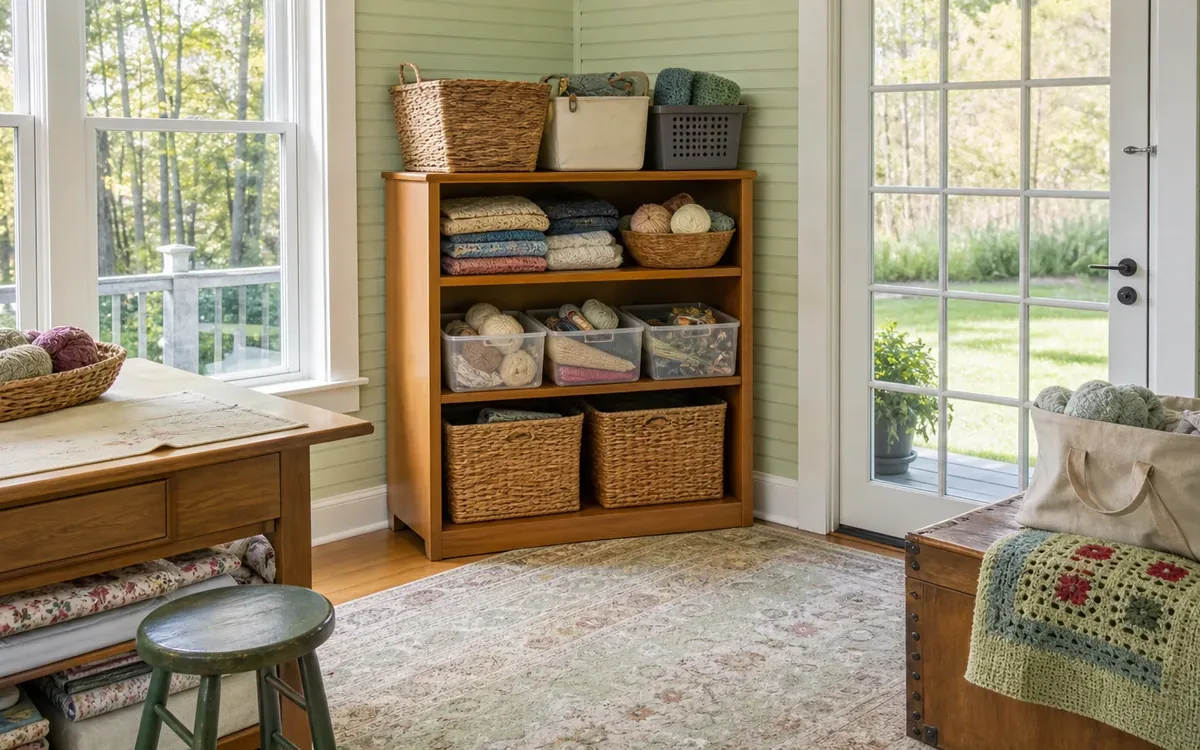 A wooden shelf holds folded fabric, yarn, clear supply bins, and baskets, with a crocheted blanket draped over a nearby chest.