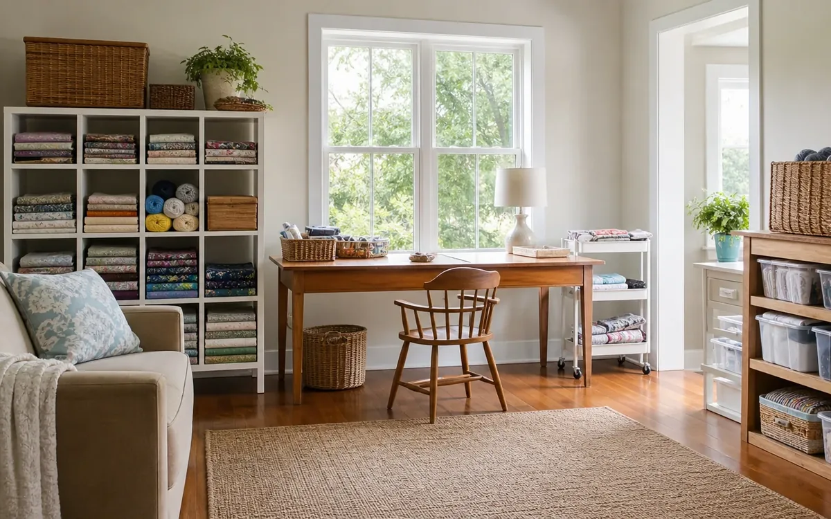Folded fabrics and yarn fill cubby shelves beside a wooden craft table, with baskets and clear storage bins around the room.
