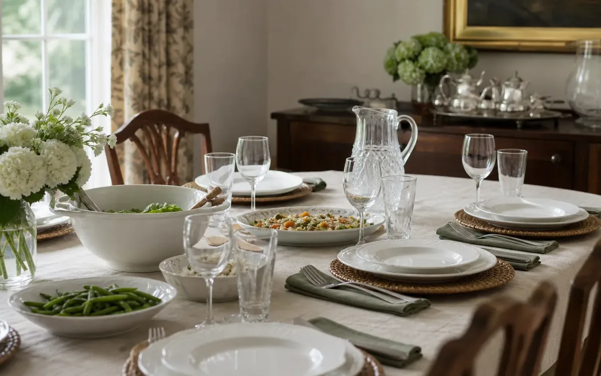 A formal dining table set with white china, glassware, serving bowls, and silver pieces on a sideboard.