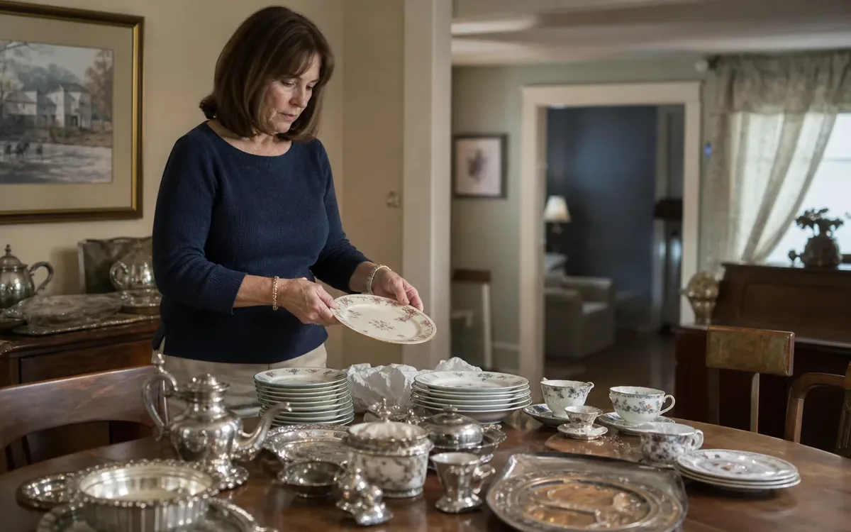 A woman sorts floral china plates beside silver serving pieces arranged across a dining room table.