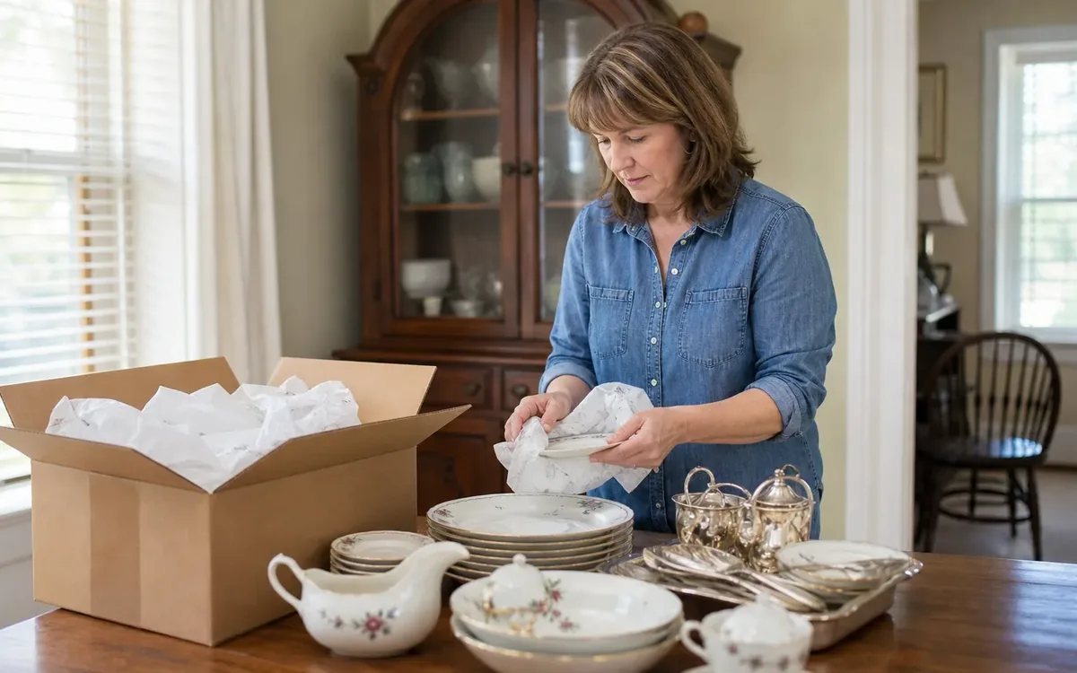 Woman packs floral china beside silver serving pieces and an open box on a dining room table.