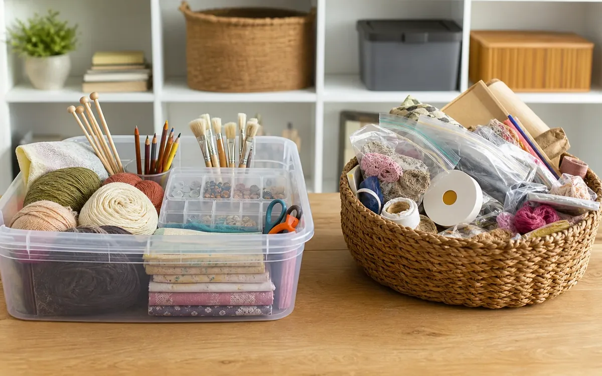 A clear bin holds yarn, knitting needles, brushes, scissors, and folded fabric beside a woven basket filled with craft supplies.