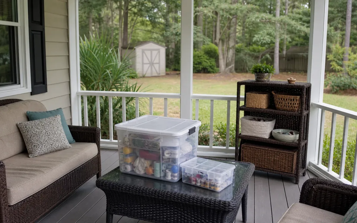 Two clear containers hold assorted hobby supplies on a wicker table beside porch seating and a shelf of woven baskets.