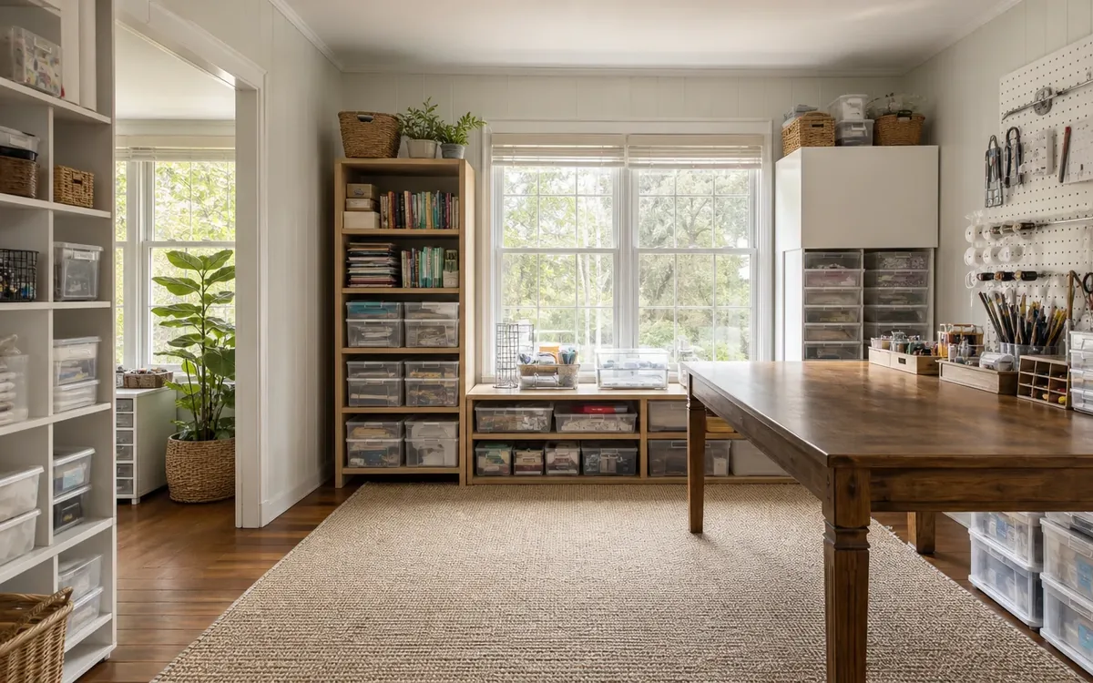 Organized craft room with clear supply bins, shelving, a wall-mounted tool board, and a large wooden worktable.