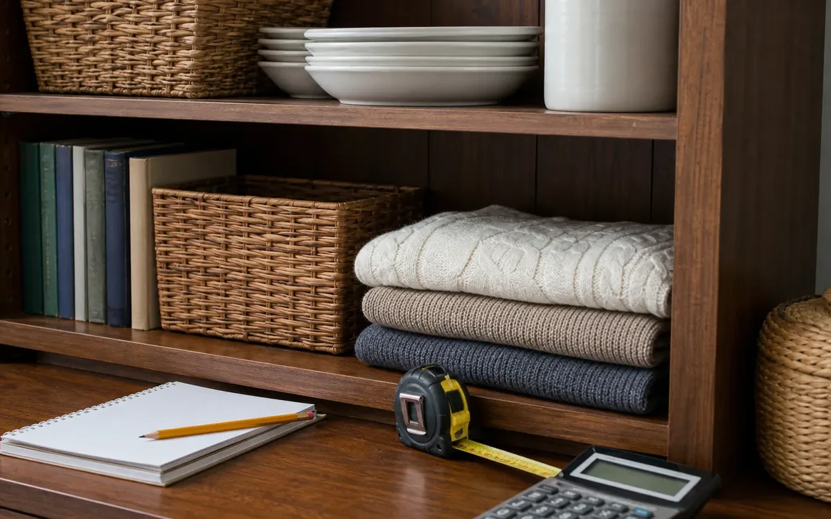 Wooden shelves hold baskets, books, dishes and folded linens, with a tape measure, notebook, pencil and calculator below.