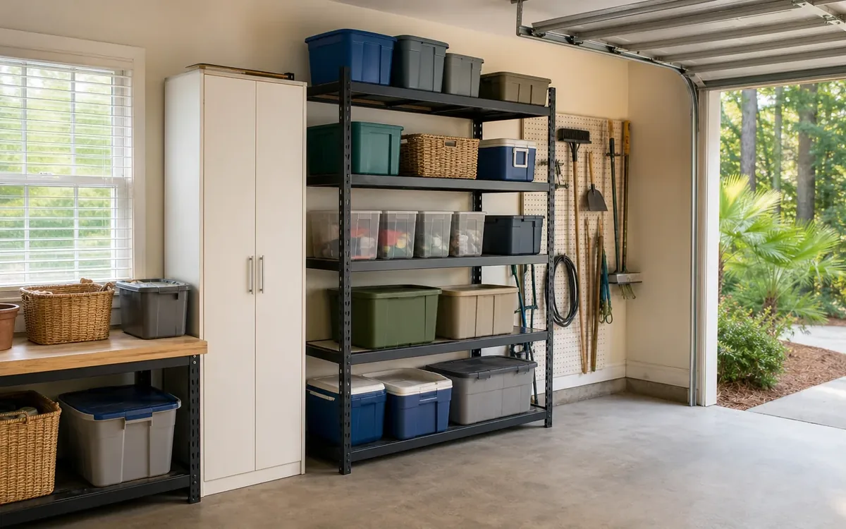 Garage shelving holds storage bins at several heights beside a tall cabinet, a workbench, and wall-mounted yard tools.