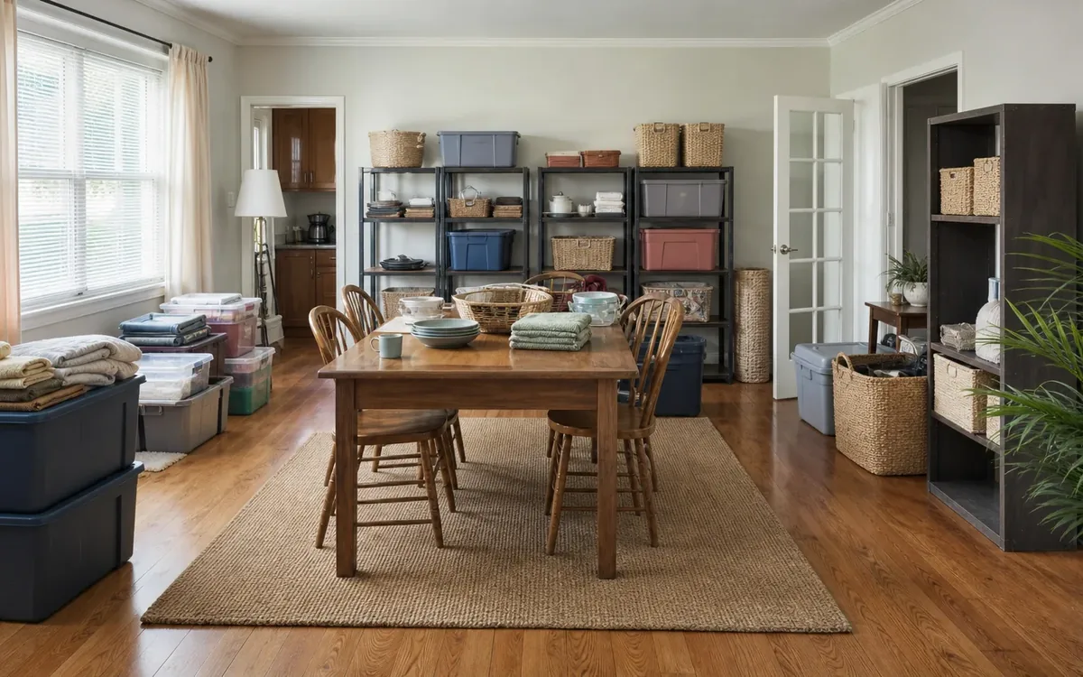 Dining room with stacked storage bins, shelves of baskets and containers, and folded linens on a wooden table for downsizing storage.