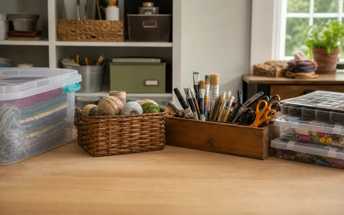 A wooden craft table holds yarn in a wicker basket, brushes and scissors in a wooden organizer, and clear supply bins.