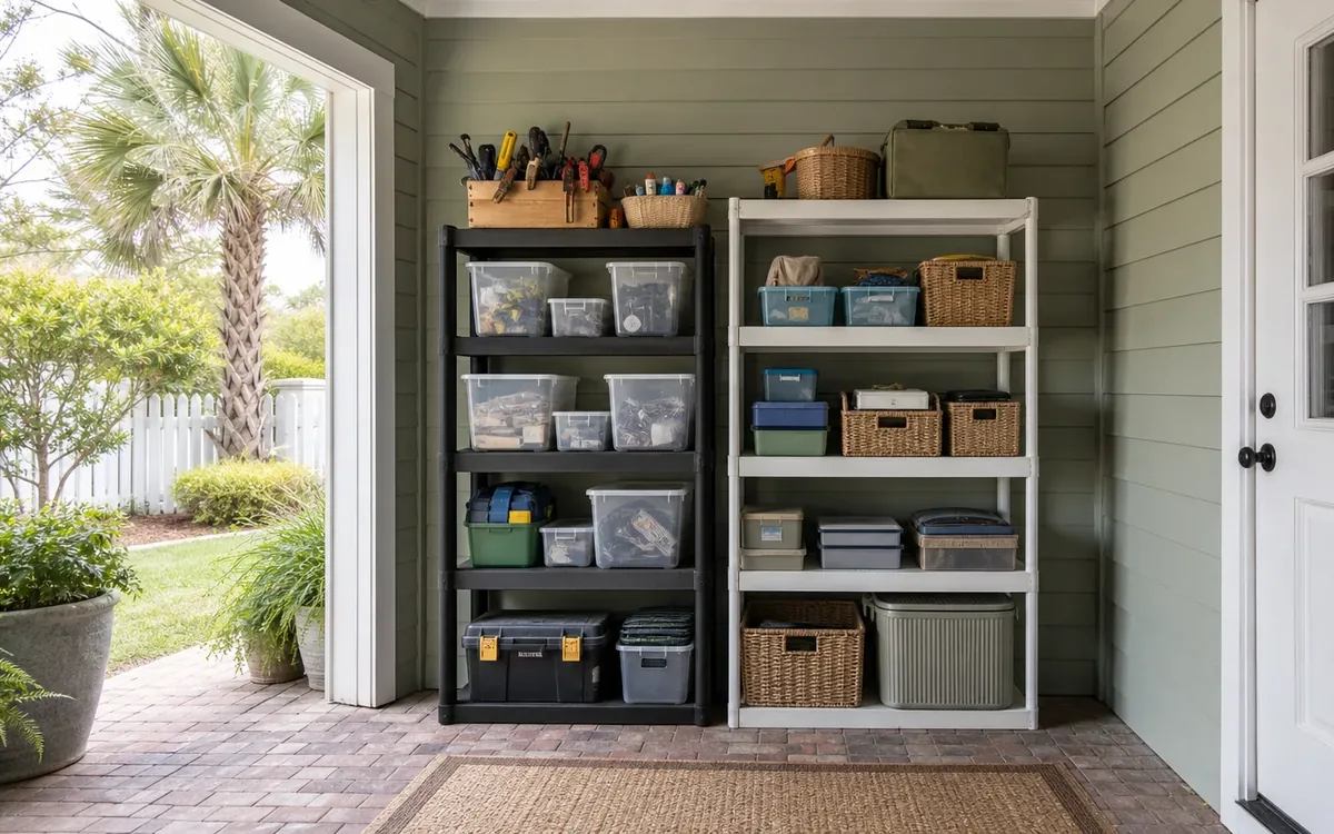 Two shelving units organize tools, clear storage bins, woven baskets, and stacked trays beside an open porch doorway.