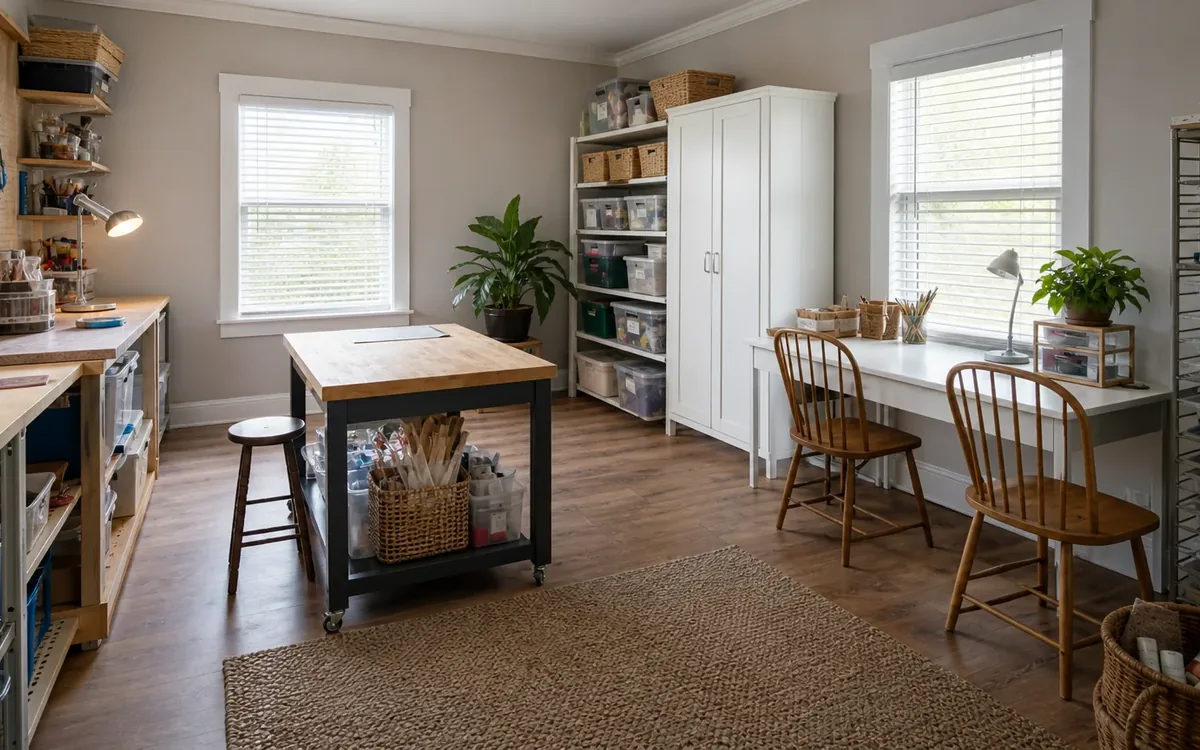 Organized hobby room with a central worktable, shared desk, wooden chairs, shelving, and baskets of supplies.