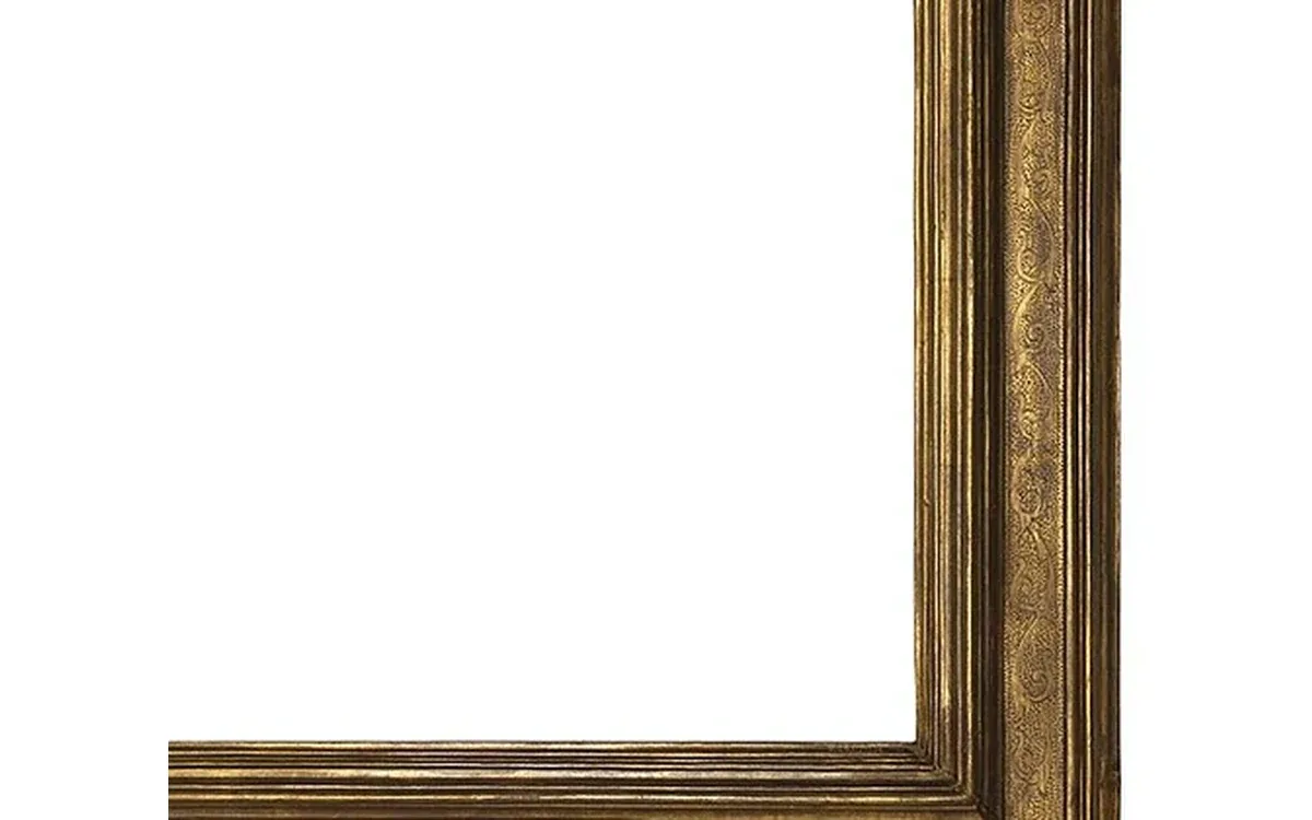A close view shows the lower corner and decorative edges of a gold-colored picture frame around an empty light opening