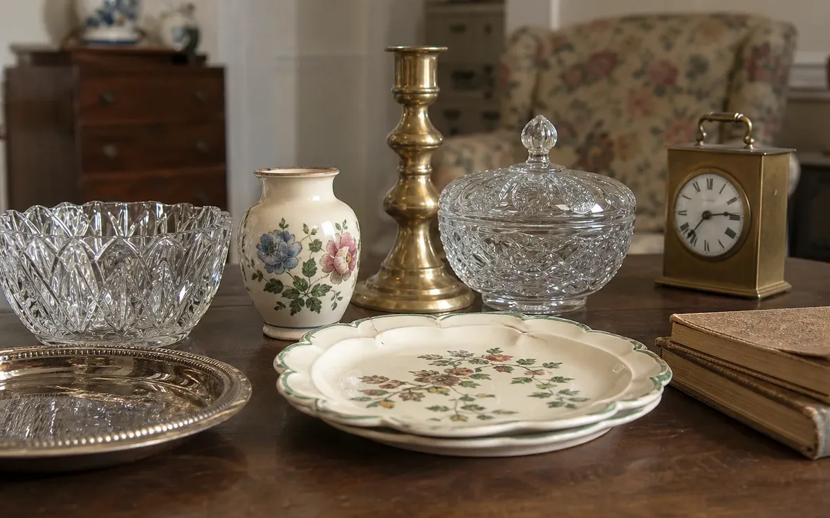 A wooden table holds cut-glass bowls, floral dishes, a ceramic vase, a brass candlestick, a clock, and stacked books.