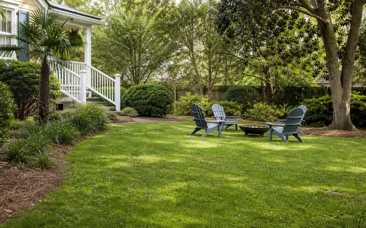 Three outdoor chairs surround a low fire pit on a green lawn beside a house with white porch steps, shrubs, and mature trees.