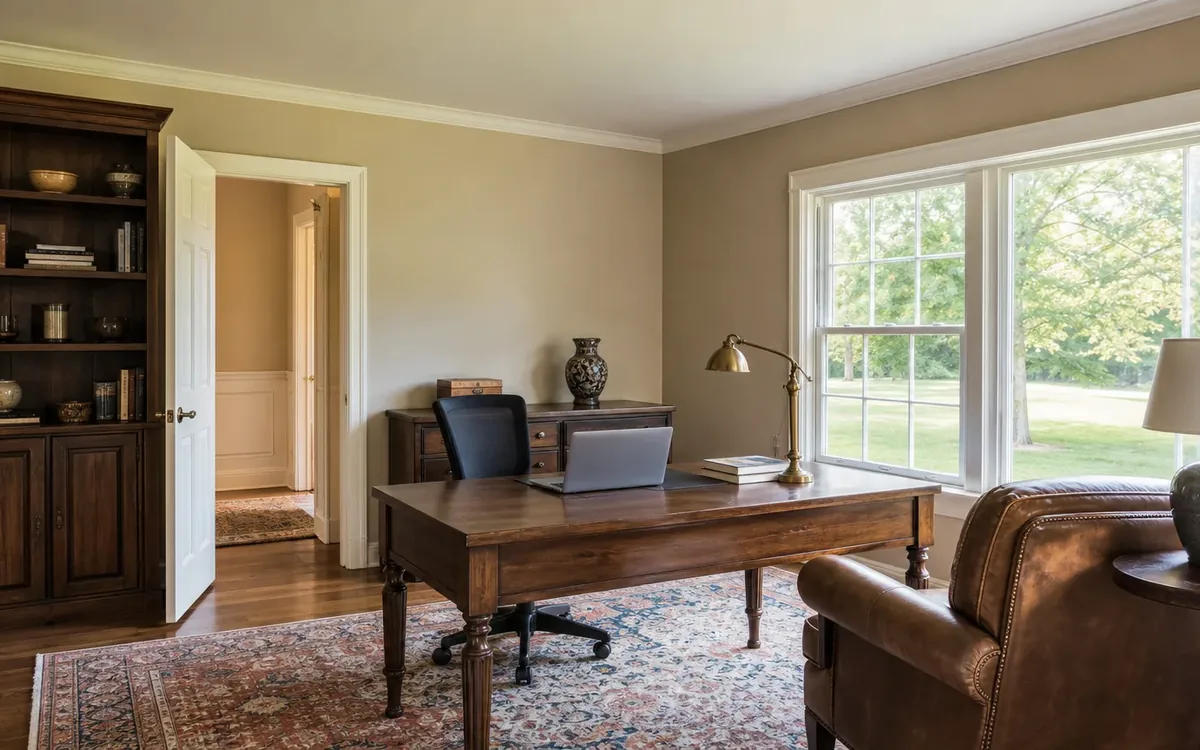 An open laptop sits on a wooden desk beside a brass lamp, with a bookcase, patterned rug, and large windows nearby.