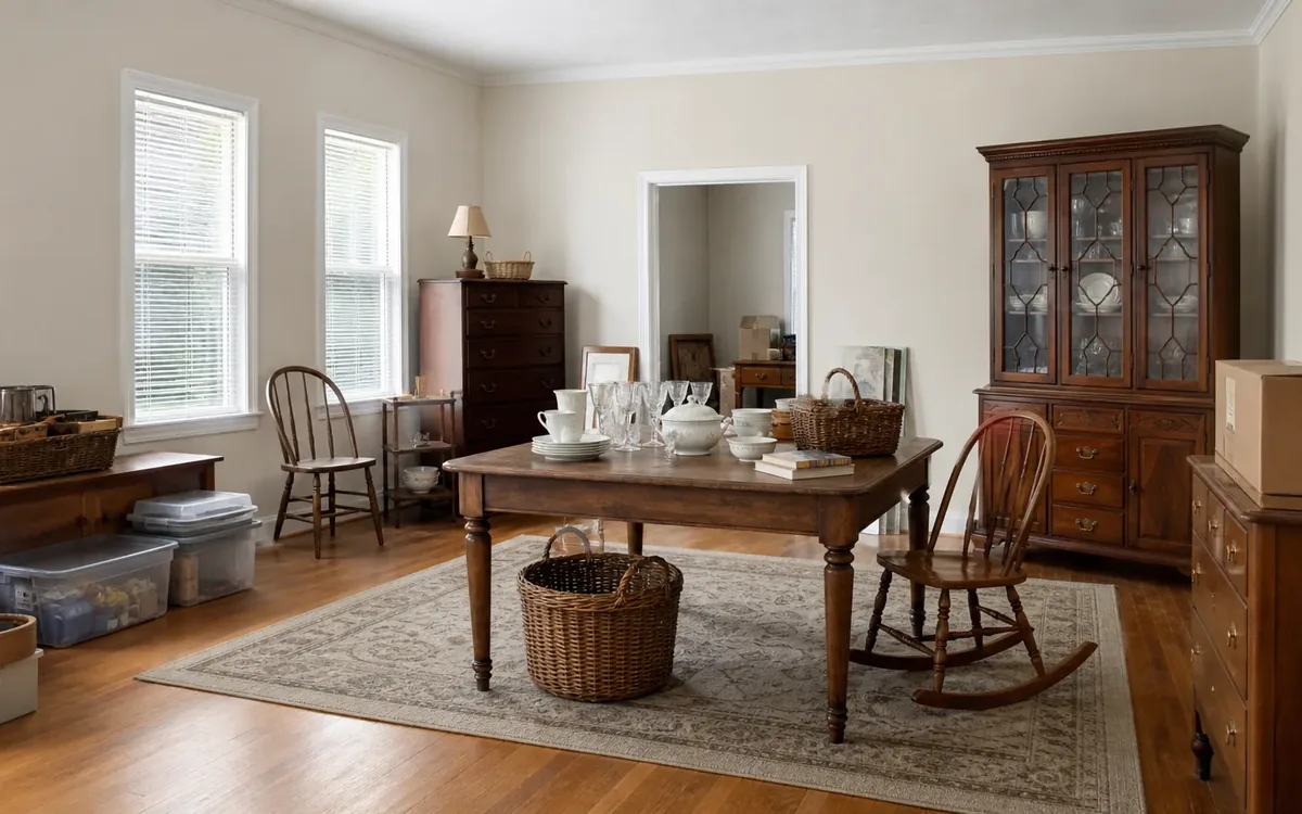 Wooden furniture, dishes, baskets, and packed boxes fill a dining room, with a rocking chair beside a table on a patterned rug.