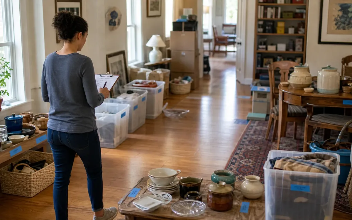 Labeled household belongings and a clear room path for how should items be grouped into auction lots?