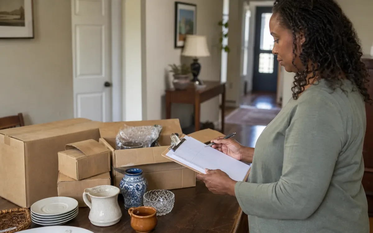 Woman checks a clipboard beside packed boxes, dishes, and vases prepared for an estate auction pickup.