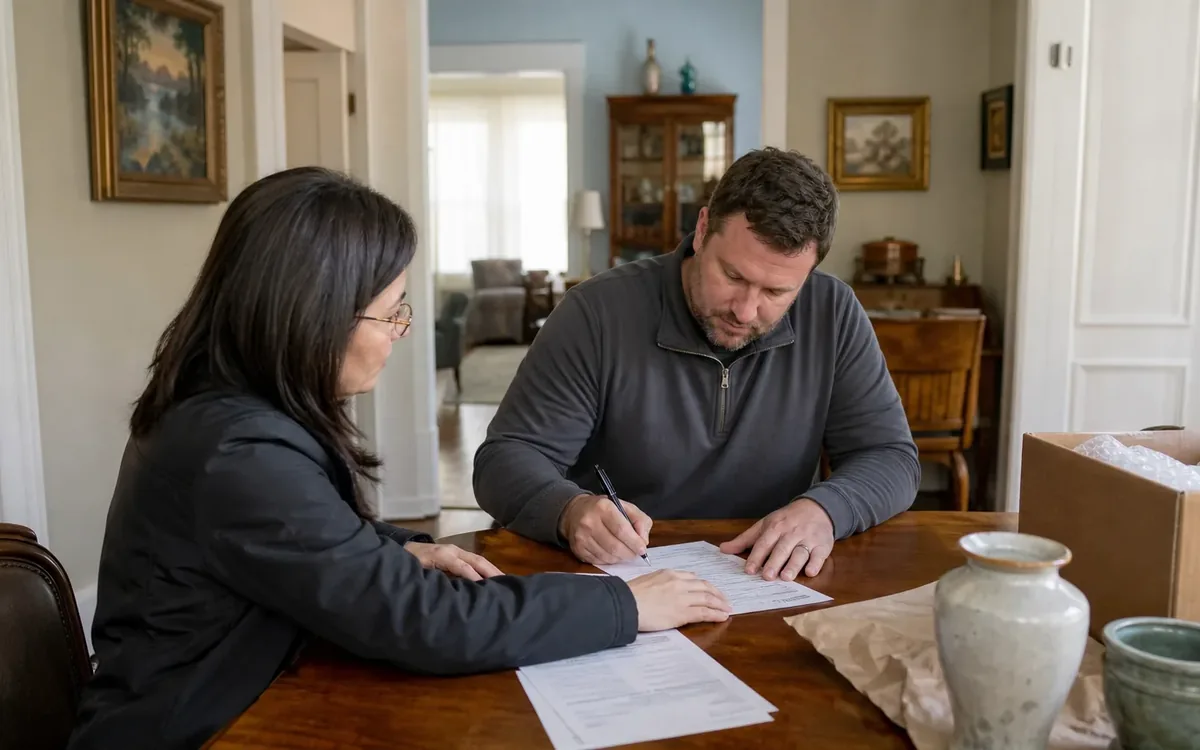 A man signs paperwork beside a woman at a dining table with packed household items, suggesting an estate auction pickup arrangement.