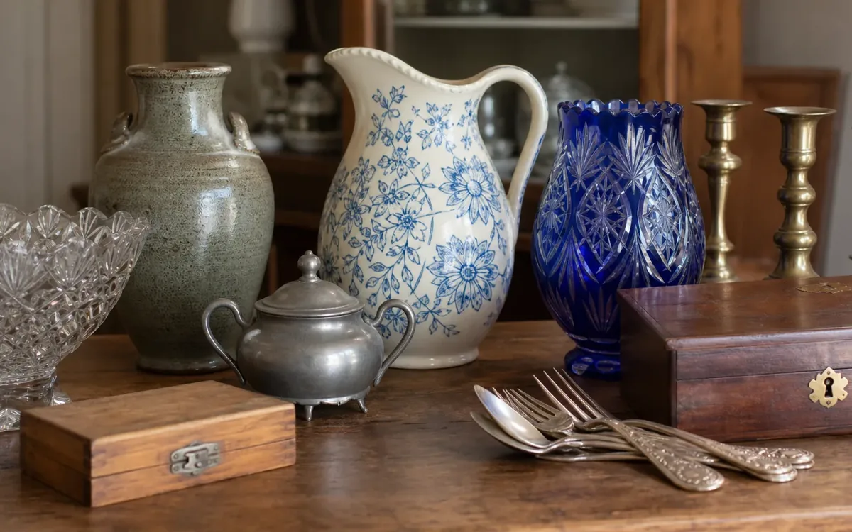 Antique pitchers, crystal bowls, silverware, candlesticks, and wooden boxes arranged for a reserve estate auction.