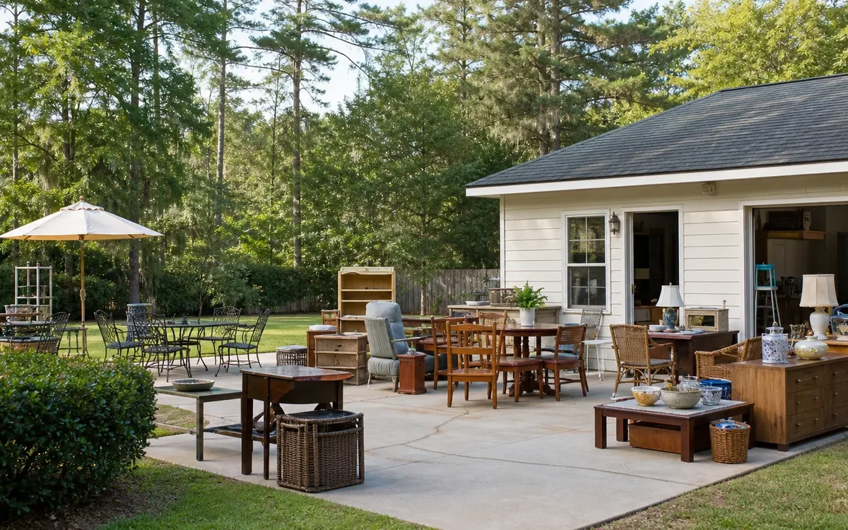 Outdoor estate sale display with tables, chairs, lamps, baskets, dishes, and cabinets arranged beside a garage.