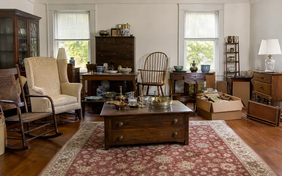 Living room filled with antique furniture, glassware, decor, and open boxes arranged for an estate auction.