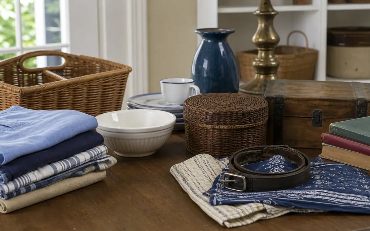 Folded linens, dishes, wicker baskets, a belt, books, a wooden chest, a blue vase and a brass lamp arranged on a table.