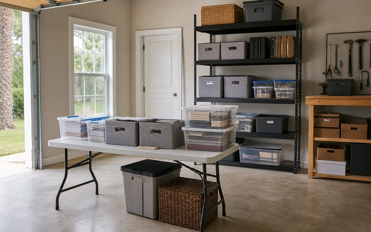 Clear containers and gray storage bins sit on a folding table beside garage shelving, a tool board, and a workbench.