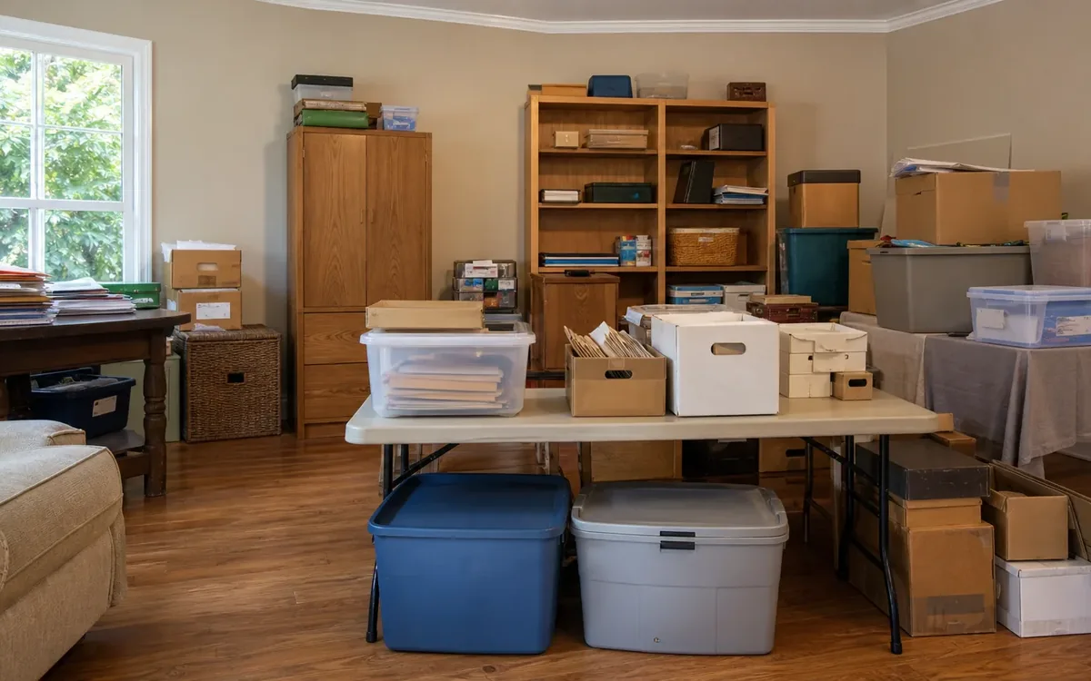 A folding table holds boxes and plastic bins, with more containers, shelves, and a desk around a room arranged for sorting belongings.