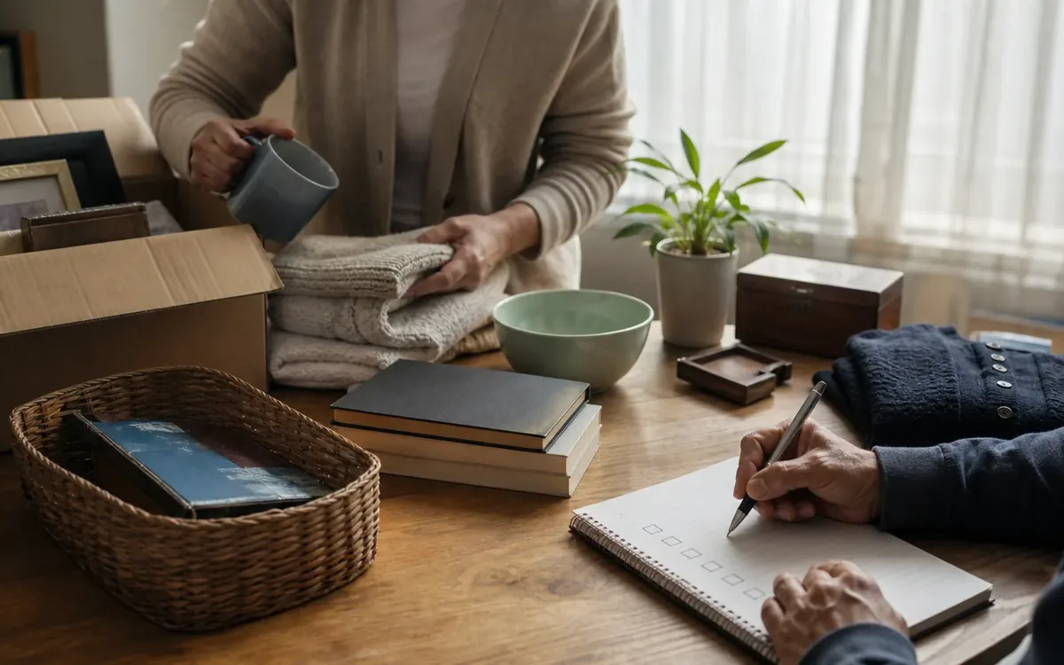 Hands organizing household items while planning 2. pause removal and secure the property