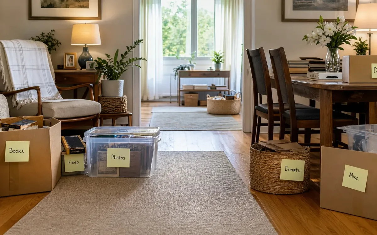 Labeled household belongings and a clear room path for 4. gather documents before general sorting