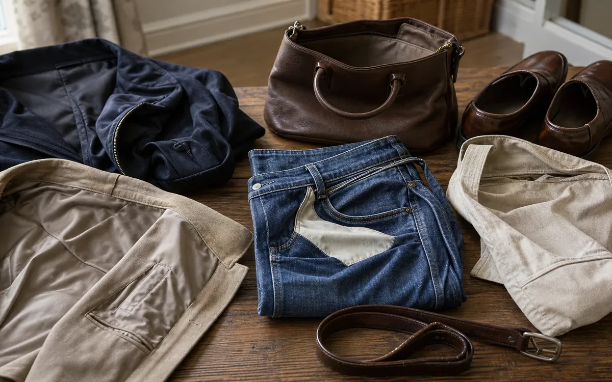 Clothing with pockets and linings exposed beside a handbag, shoes, and belt on a wooden table.