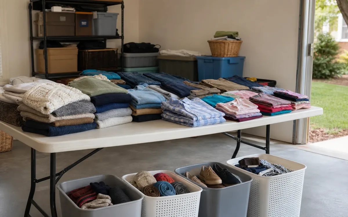 Folded shirts, sweaters, jeans, shoes, and accessories sorted into piles and bins on and beneath a table.