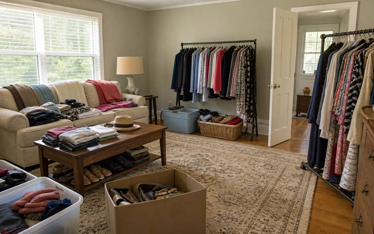 Living room with clothing racks, folded garments, shoe boxes, baskets, and accessories arranged for sorting.