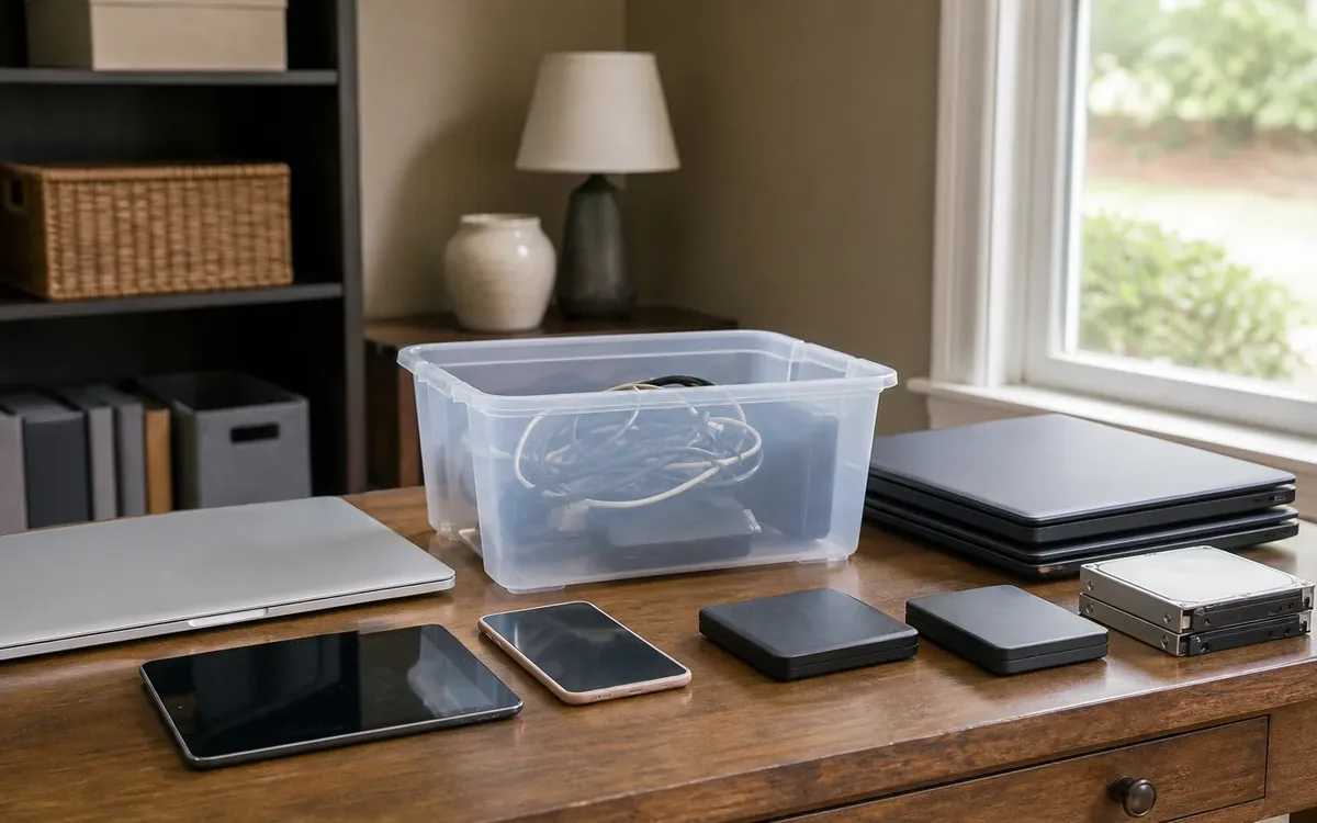 Laptops, tablet, phone, storage drives, and a clear cable bin arranged on a wooden table.