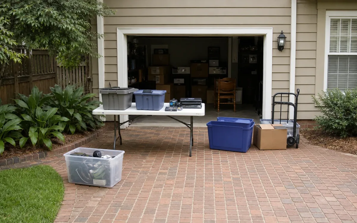 Laptops and storage bins sit on a folding table outside an open garage during an estate cleanout.