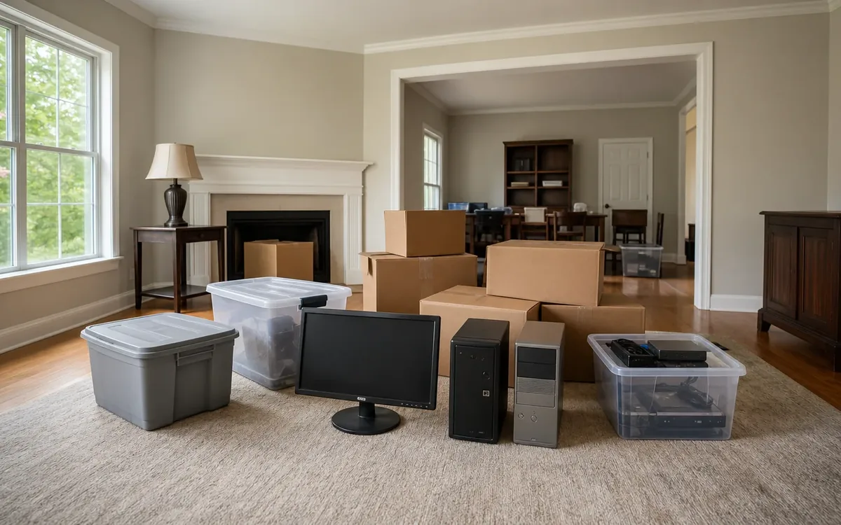 Desktop monitor, two computer towers, storage bins, and moving boxes arranged in a living room.