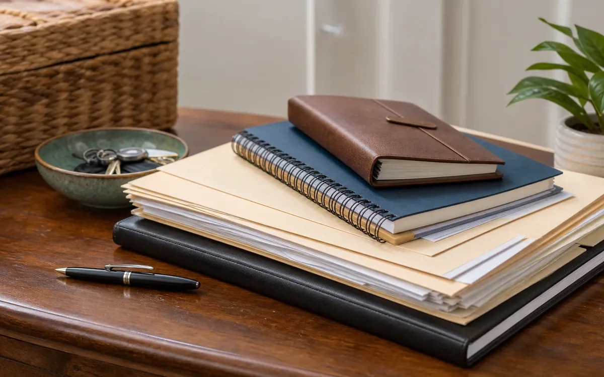 Folders, notebooks, a pen, and a bowl of keys arranged on a wooden table beside a plant and woven basket.
