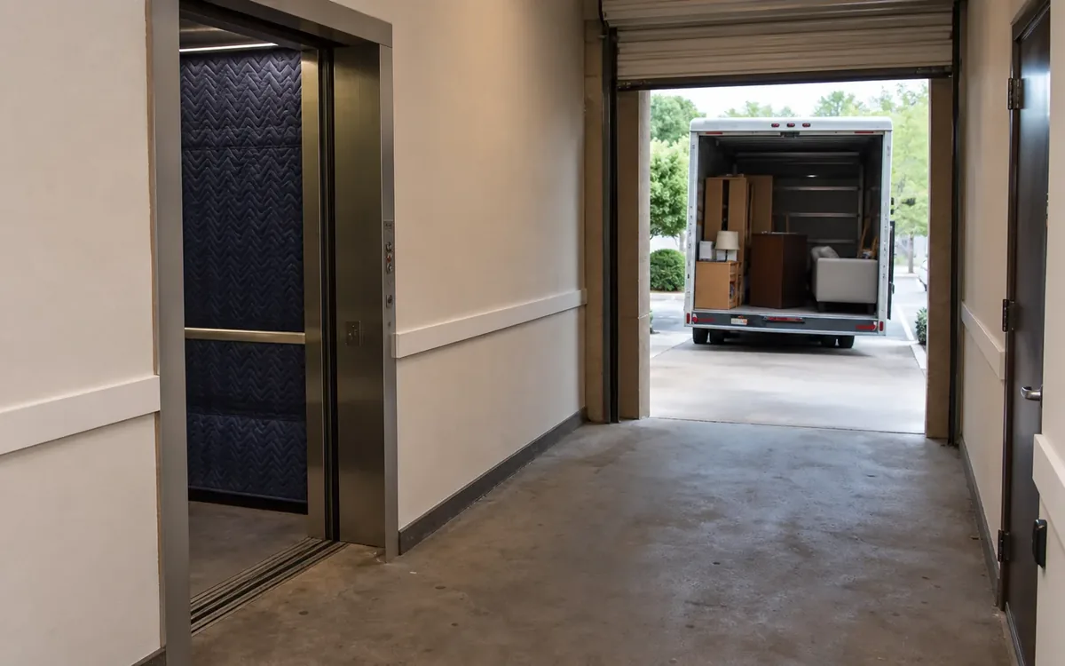 Open service elevator beside a loading bay where a box truck holds furniture and moving boxes.