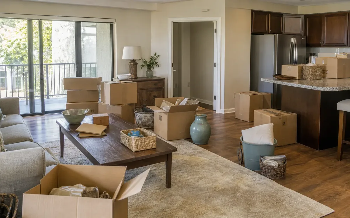 Condo living room and kitchen filled with open boxes and packing supplies for an estate cleanout.