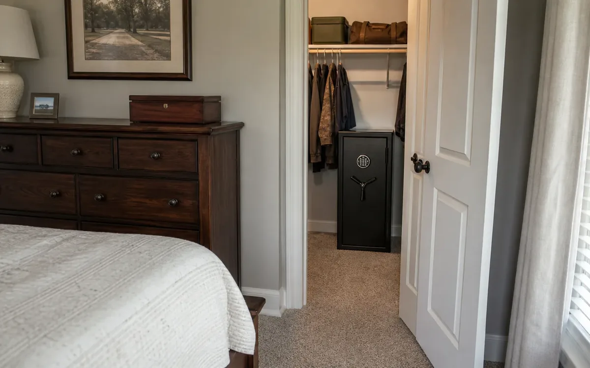 Black gun safe in an open bedroom closet beside hanging clothes, bags, and a wooden dresser.