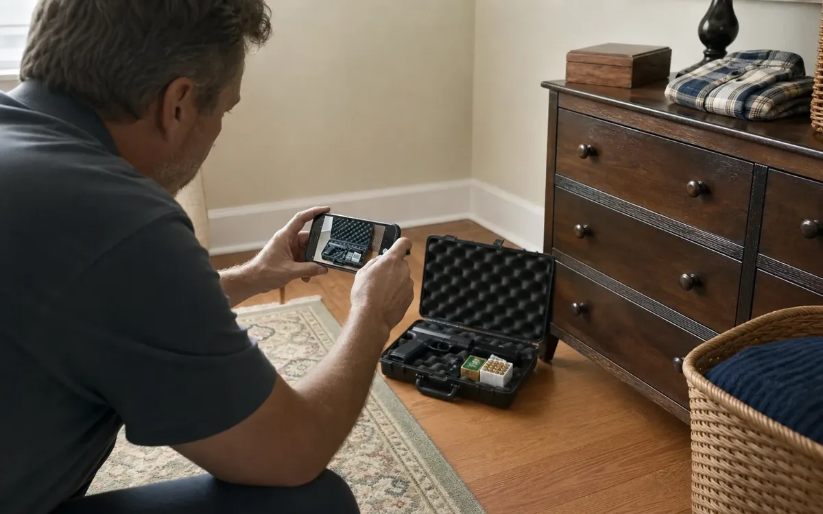 Man photographs a handgun and ammunition stored in an open hard case beside a wooden dresser.