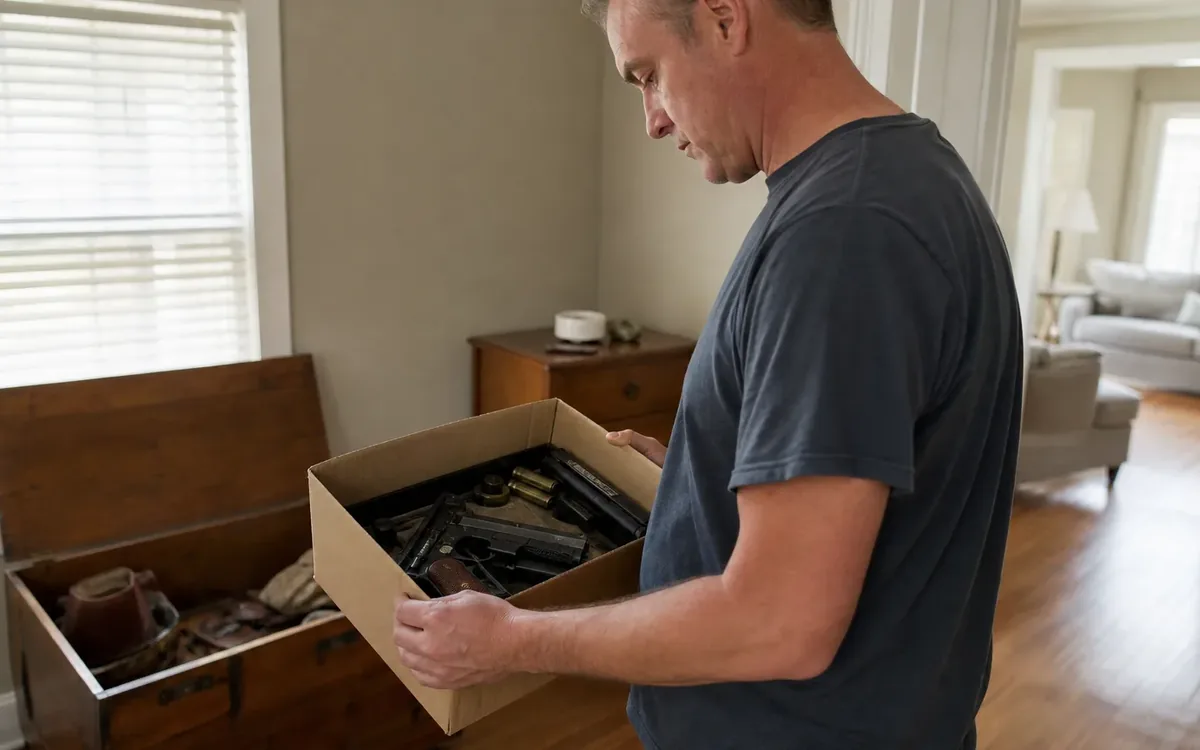 Man holding a cardboard box of handguns and ammunition beside an open wooden chest during a household cleanout.