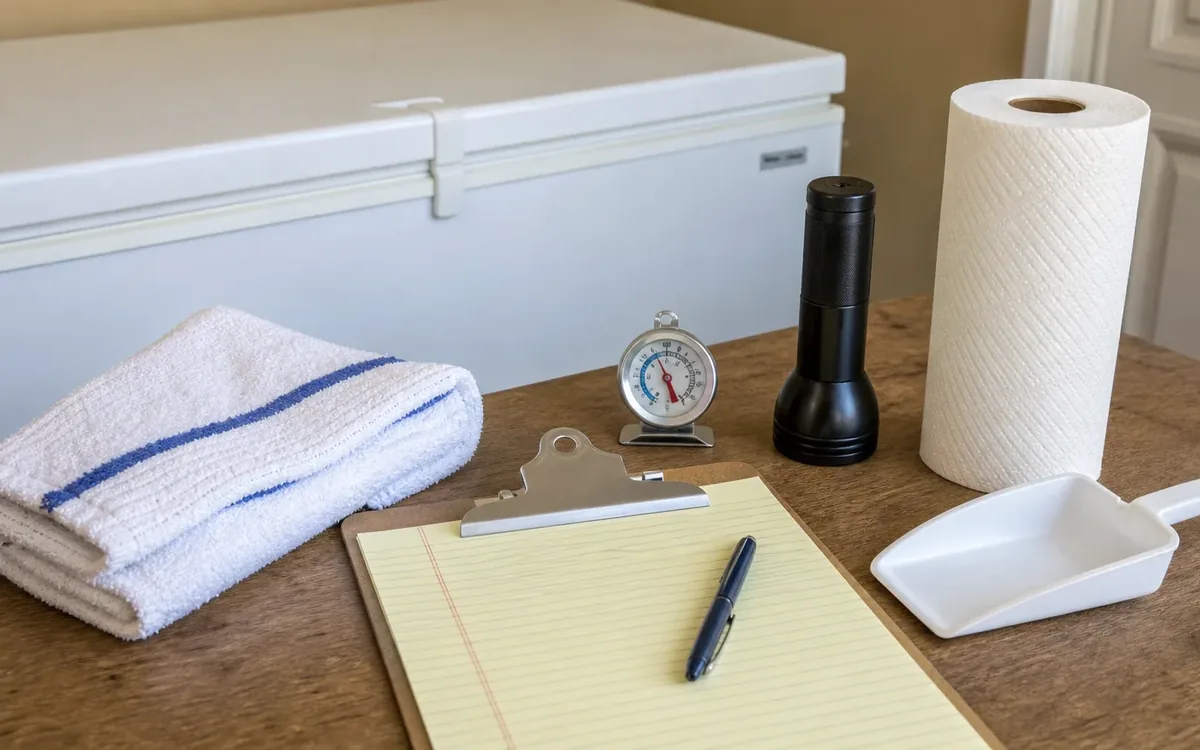 A closed chest freezer behind a counter with towels, a dial thermometer, flashlight, paper towels, scoop, and clipboard.