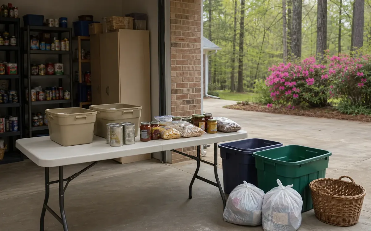 Cans, jars, and bagged dry foods sit on a folding table beside storage tubs, with stocked pantry shelves behind them.